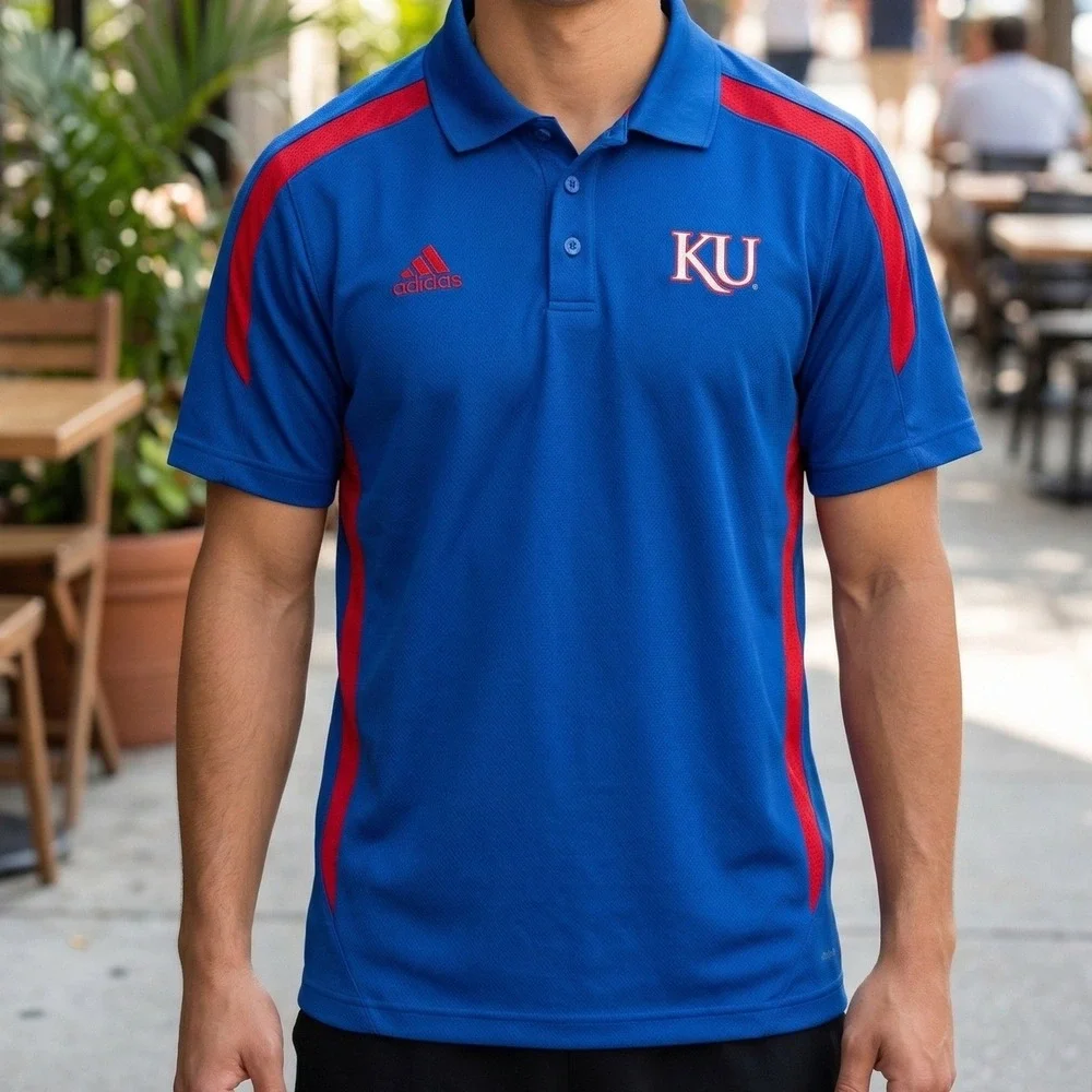 Adidas Kansas Jayhawks Mens Blue Red Climalite‎ Performance Polo Shirt KU Logo